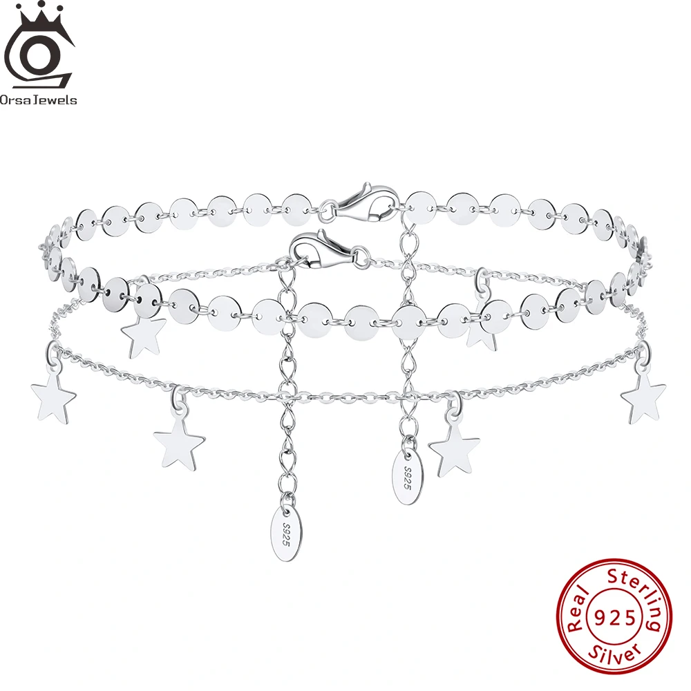 ORSA JEWELS 925 Sterling Silver Round Beads Anklet Star Pendant Foot Chain Jewelry for Women Summer Stacking Jewelry Gift SA25