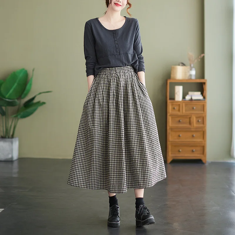 

Plaid A line Skirt Women Autumn Summer 2023 New High Waist Korean Style Long Skirt Female New Stylish High Waist Midi Skirt
