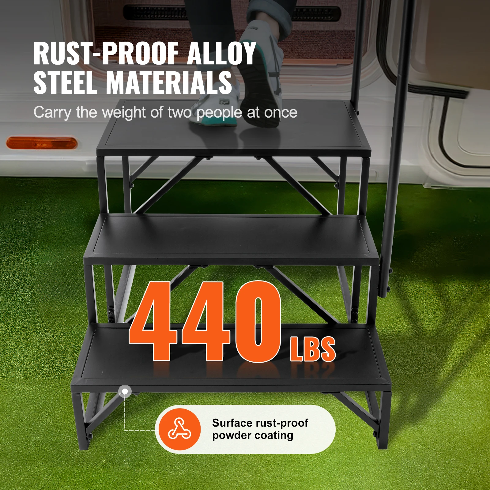VEVOR RV Steps 3-Step RV Stairs 440 LBS Load Capacity Thickened Carbon Steel With Handrail Non-Slip Steps for Safe Entry Exit