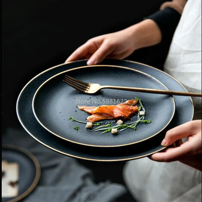 

European Black Phnom Penh Ceramic Tableware Set Creative Bowl Salad Bowl Soup Plate Western Steak Plate