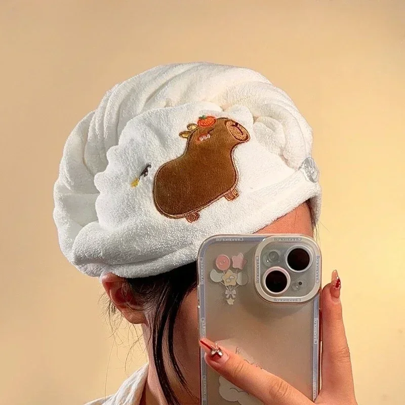 Cute Cartoon Capybara Plush Dry Hair Cap Good Absorbent Quick Dry Coral Velvet Shower Cap for Women Kids Kawaii Girl Hair Towel