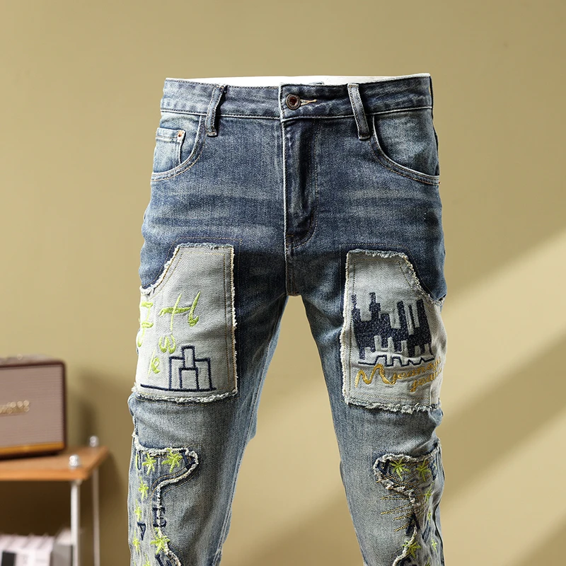 Street personality fashion retro worn jeans mens stretch slim high-end fabric patch embroidery washed casual biker pants