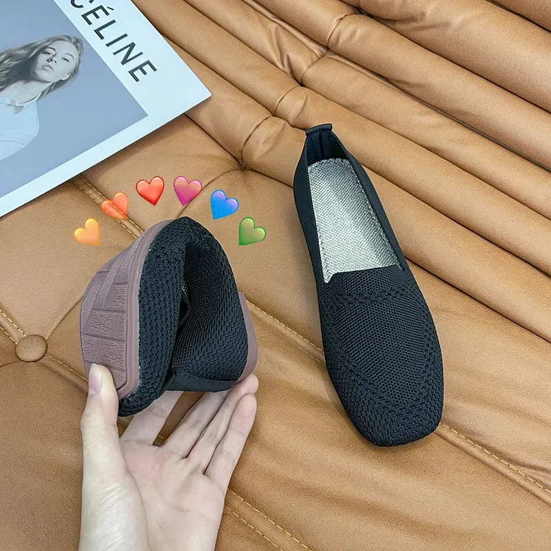 Spring and Autumn Flat Shoes Fashion Leisure Women's Flat Shoes Square Toe Knitting Elastic Comfortable Slip-on Boutique Shoes 2