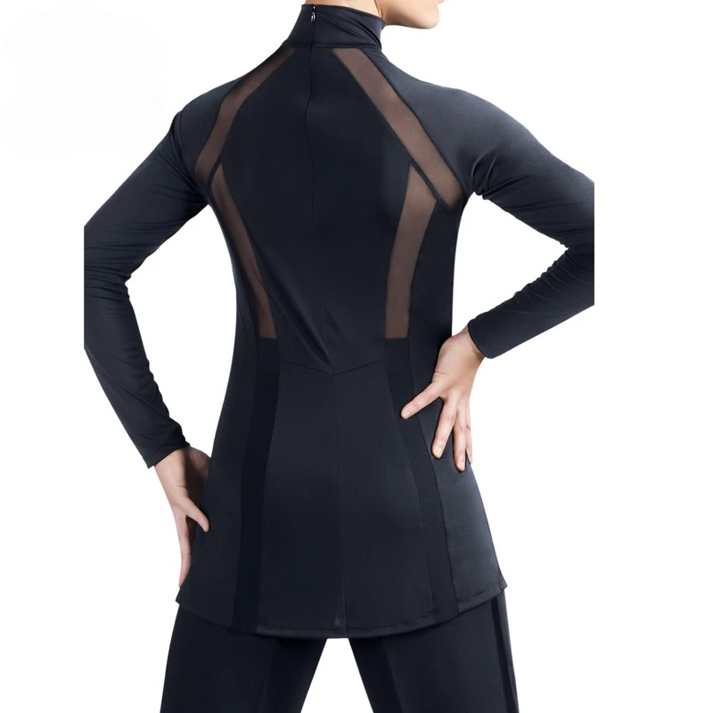 Men Latin Dance Shirts High Neck Mesh Splicing Competition Long Sleeve Top Practice Ballroom Costumes