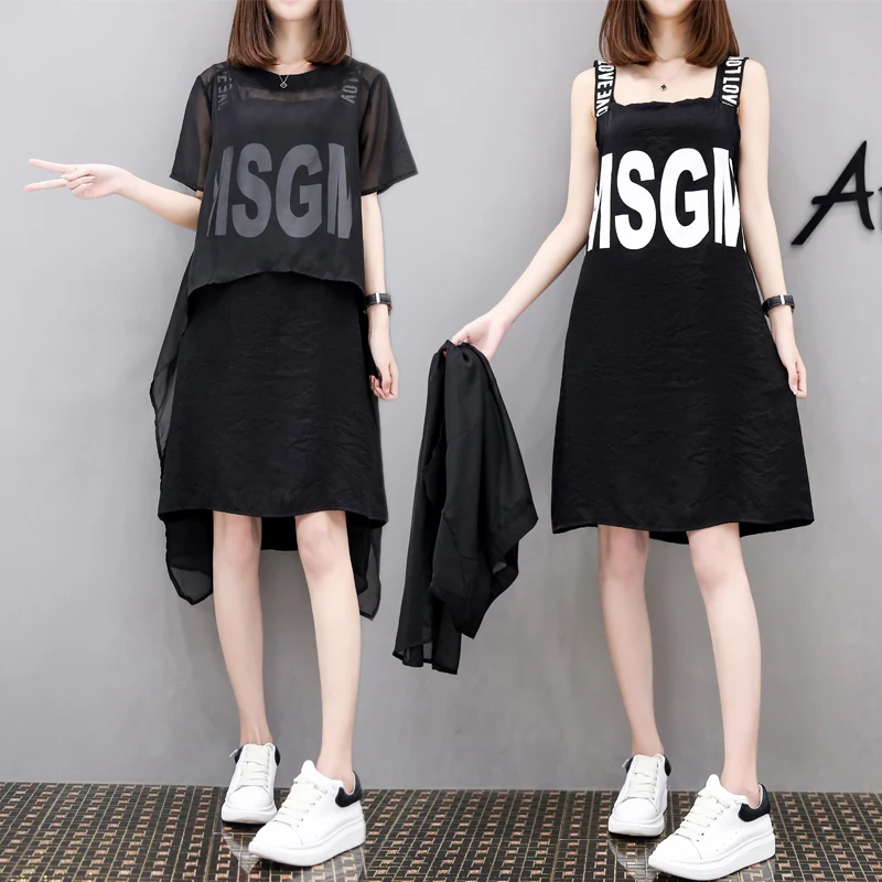 

Women's Fashion Casual Plus Size Elegant O-Neck Short Sleeve Chiffon Smock Long Tops+Letter Sleeveless Above Knee Dress 2PS Sets