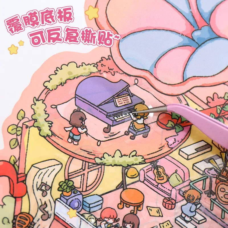 Happy Party 3D DIY Fairytale Scene Sticker Playable Sticker Pocket Cabin Scene Stacking Pasting Birthday Kid Gift Free Tweezers 3D Stickers 3D Wall Stickers