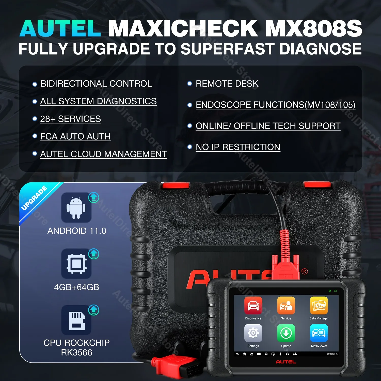 Autel Scanner Maxicheck MX808S Diagnostic Tool Cheapest Autel Tablet Model with Android 11, 4+64GB, Wired Version of MK808BT PRO