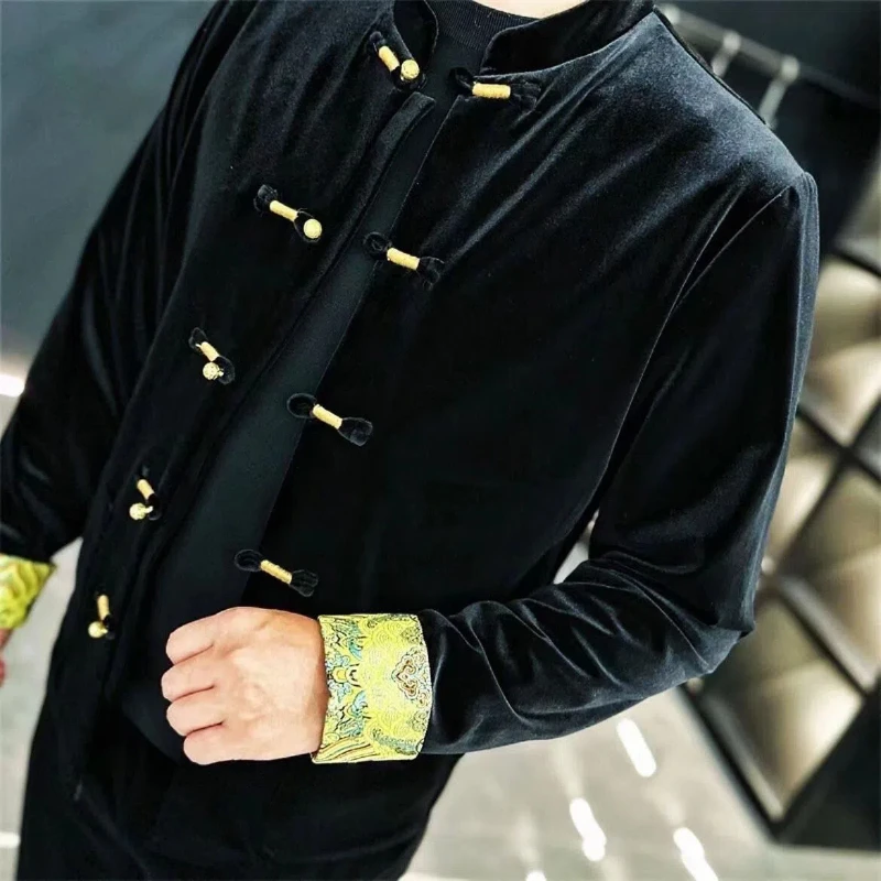 Spring and Autumn New Jackets Men's Stand Up Collar 2024 Fashion Chinese Style Tang Costume Buckle Gold Velvet All-match Coats 5
