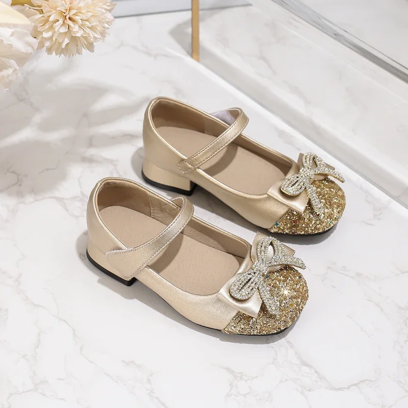 Leather Kids High Heels Shoes with Rhinestone and Sequins for Girls