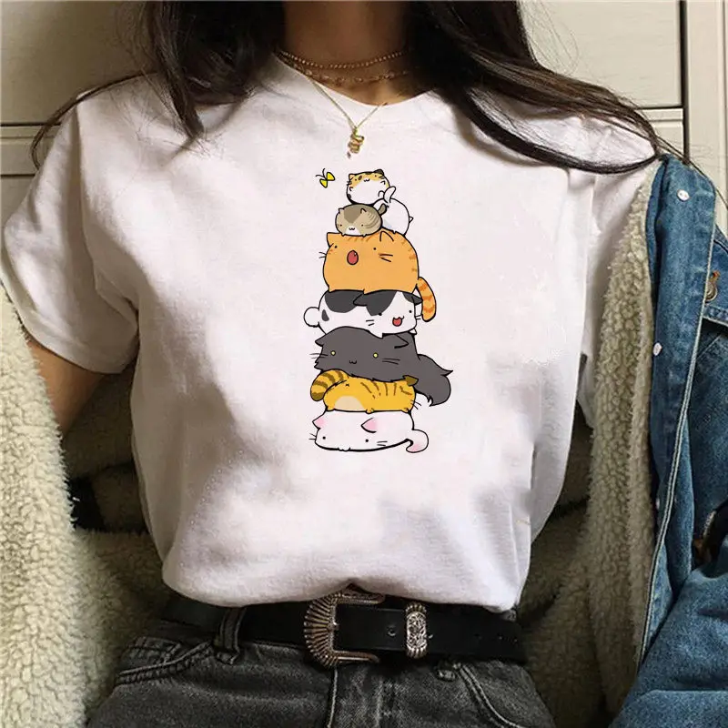 

Vintage Cartoon Cats Print Ladies T-Shirt Tops Summer Casual Basics O-Collar White Tee Shirt Short Sleeve Graphics Women Tshirt