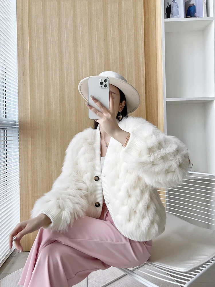 Real Fox Fur Coat Short Latticed Solid Full Sleeve Jackets 2023 Winter Knitted Fluffy Thick Warm Fur Office Lady Women's Clothes