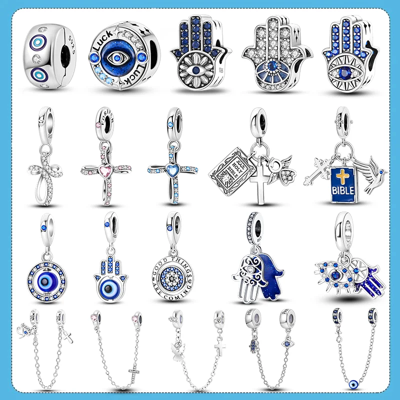 925 Sterling Silber blaue Augen und Palme Charms Kreuzigung Perlen Frauen Freundinnen Schmuck Geschenk