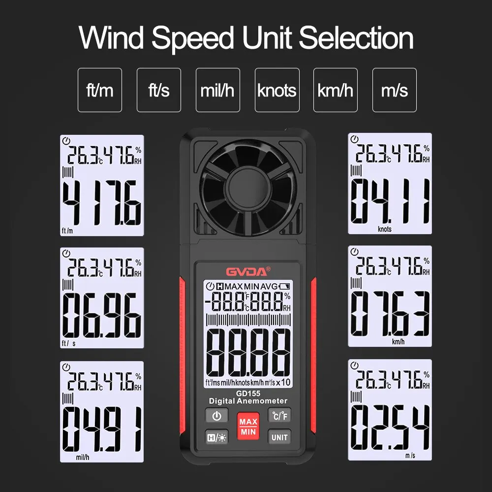 Digital Anemometer GVDA Handheld Wind Speed Meter GD155 Measuring Wind Speed Temperature Chill Backlight LCD
