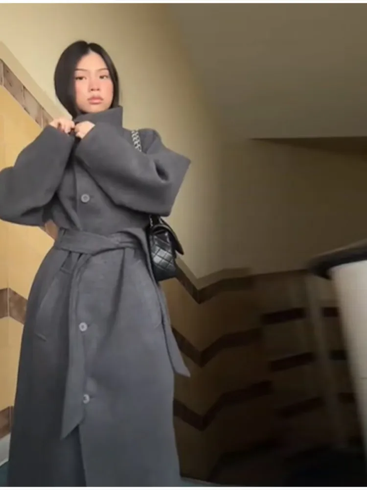 Elegant Waist Cinched Stand Neck Overcoat Lady Simple Full Sleeve Single Breasted Long Woolen Jacket Winter Fall Outdoor Outfits