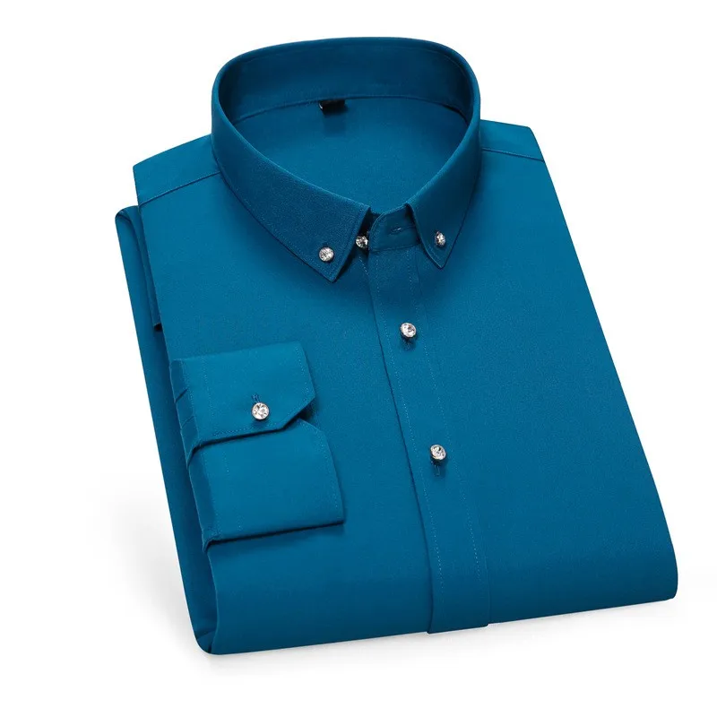

Crystal Drill Button Colla Men's Long Sleeved Shirts Iron-free Luxury Formal Social Shirt No Iron Wrinkle Soft Fashion Clothes