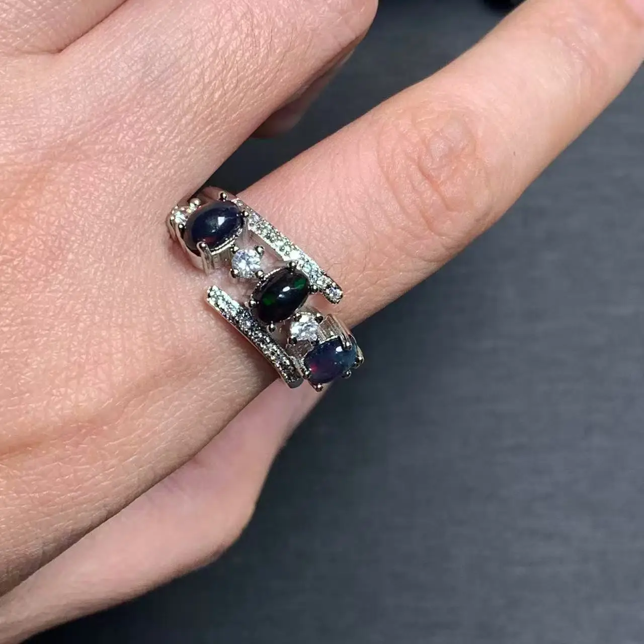 Authentic Natural Black Opal Ring Adjustable Female Stone Ring Jewelry for Women Gift Wholesale Vintage Fine Wedding