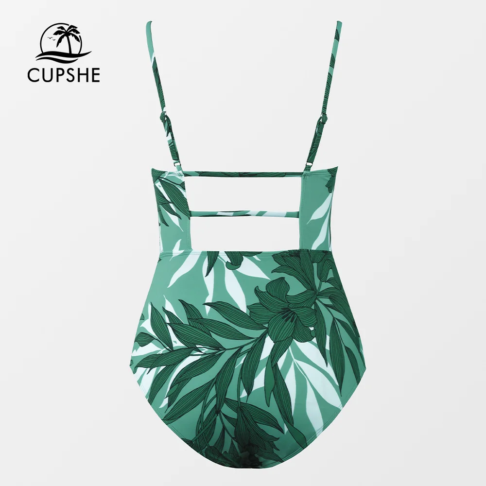 CUPSHE Leaf Print Square Neck Shirred One-Piece Swimsuit For Women Sexy Backless Monokini Swimwear 2023 Bathing Suit Beachwear