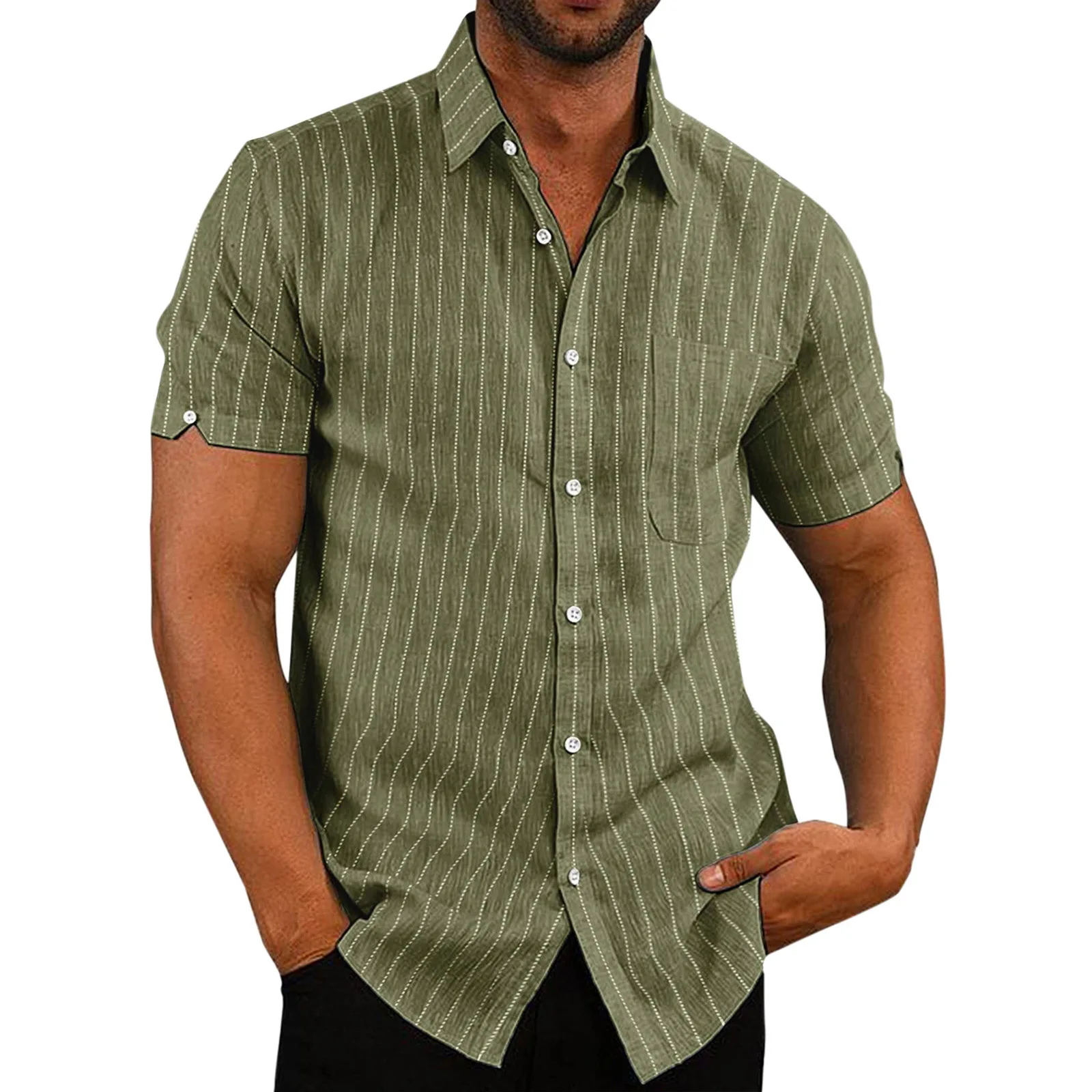 

Anbenser Summer Men's Striped Shirt Short Sleeve Leisure Men Clothing Green Black Lapel Button Up Casual Shirt Man Business Tops