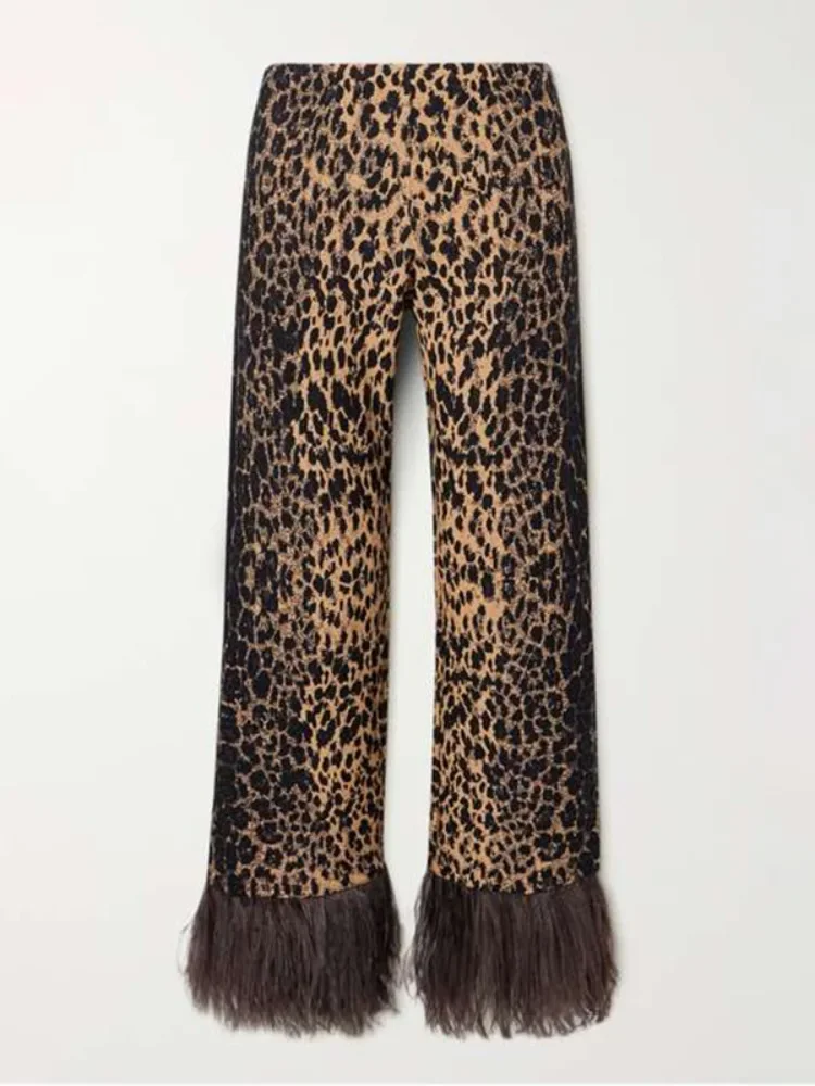 Onecozyday 2024 Women's Fashion Leopard Printed Round Neck Long Sleeves Shirt Top High Wasit Pants Feathers High Street Outfits 6