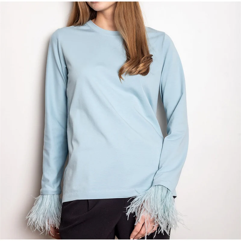 Elegant Women Feather T-shirt O-neck Long Sleeve Y2K Loose Spring Summer Ladies T-shirts 2022 Fashion Blue Top Tee Pullovers summer crop top