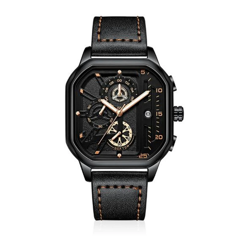 NEKTOM 2022 New Watches Square Sport Mens Watches Waterproof Full Leather Quartz Gold Clock Man Watches Luminous Wristwatch 