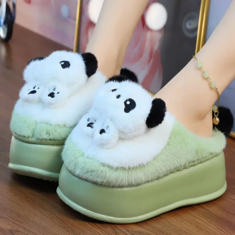 Platform Heels 5.8cm EVA slippers women Cute Panda Slippers Home Warm Winter fluffy Fur Slides Girls Women's home slippers