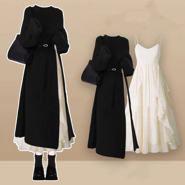 Women's Spring Autumn Long Split Sweater Sling Dress Two Piece Set Lady Graceful Black Knit Clothing Sleeveless Dresses Outfits