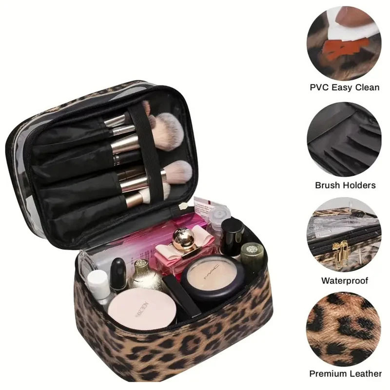 Leopard print PVC Transparent Double-Layer Makeup Bag Large Capacity Waterproof Toiletry Bag Portable Cosmetic Storage Bag 4