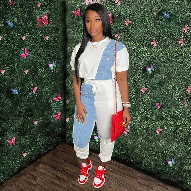 

Vsstiar New Fashion Casual Women Two Piece Set Denim Patchwork Short Sleeve Shirt Top Elastic Waist Pockets Pants Trendy Clothes