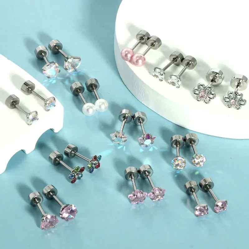 2Pcs Stainless Steel Ear Stud Heart Moon Earbone Small Flat Back Earrings for Women Helix Tragus Cartilage Body Piercing Jewelry