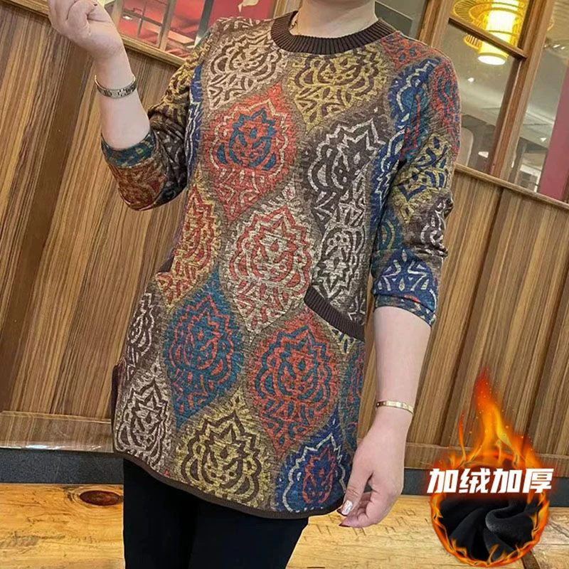 2023 Winter Middle Aged Women's Clothing Vintage Floral Print Half High Collar Plush Sweatshirts Long Sleeve Loose Pullover Tops