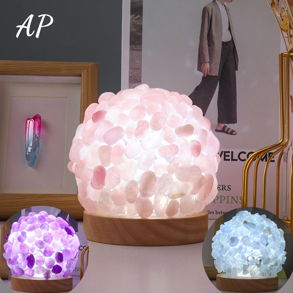

1pc Natural Crystal Lamp Rose Quartz Gravels Night Light USB Table Bedroom Lamps Lighting Reiki Amethyst Gem Home Decor Gift