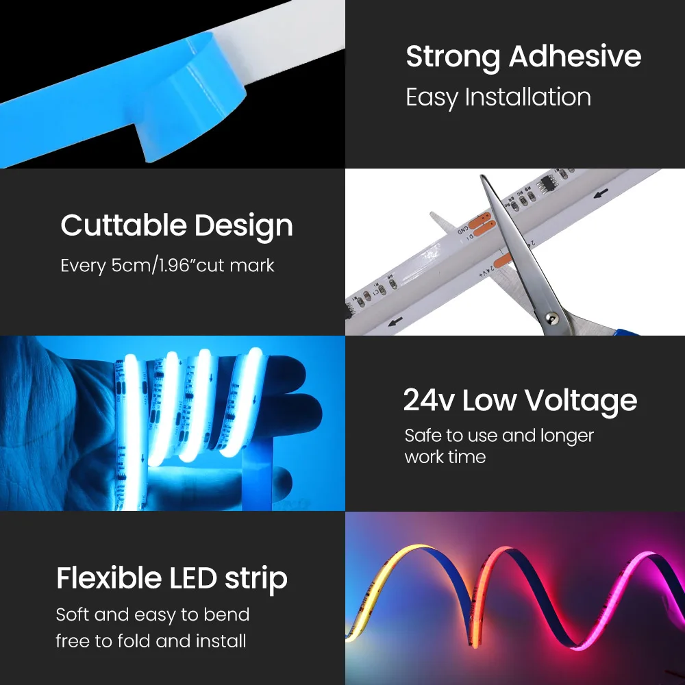 12V WS2811 RGB COB LED Strip Light Wifi Bluetooth-compatible Remote Control Power Kit Dimmable Flexible Tape Dream Color Decor