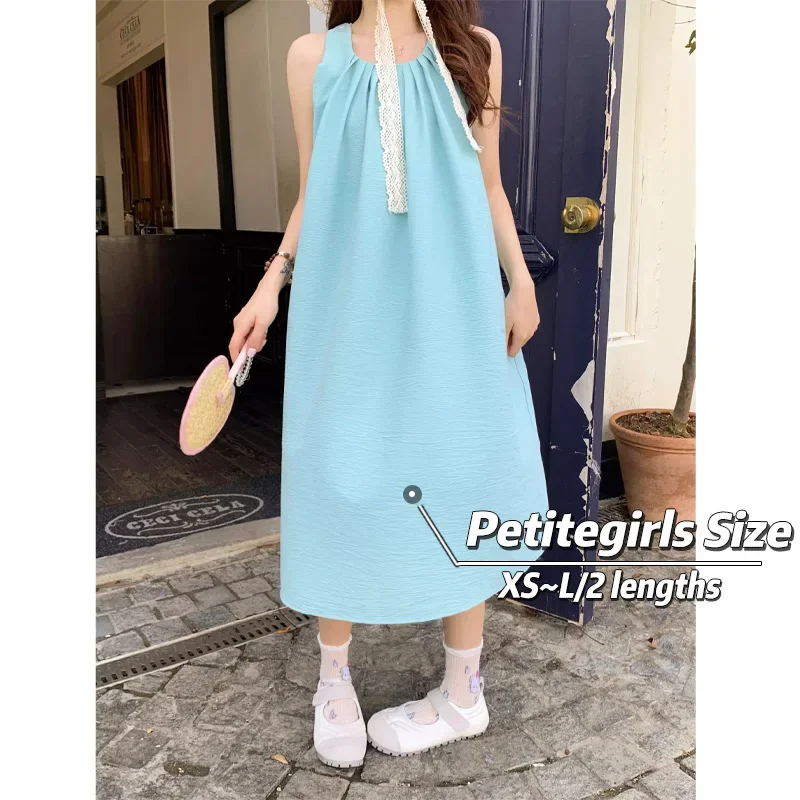 

145cm Petite girls Holiday Hanging Neck Strap Dress Women 150cm Medium Length Sleeveless Tank Top Dress XS Appear High Summer