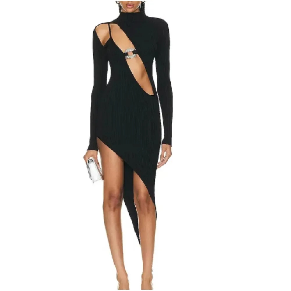 

2023 New Winter Women Long Sleeve Sexy Cut Out Bodycon Bandage Mid-calf Dress Evening Party Celebrate Dress Vestido