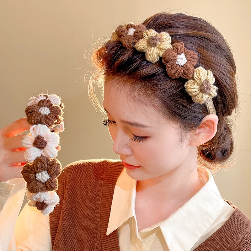 

Flower Knitted Headband Bicolor Wool Women Vintage Non-slip Hairband Headwear Hoop Girl Retro makeup Hair Accessories Gift