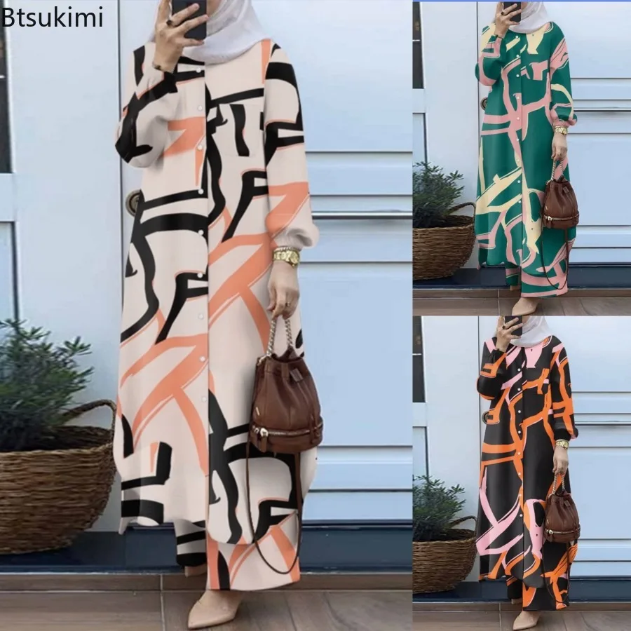 여성용 무슬림 매칭 세트, 레트로 플로럴 프린트, 롱 스타일 셔츠 및 와이드 레그 팬츠 세트, 패션 무슬림 여성 세트, 두바이 운동복 여성용 무슬림 매칭 세트, 레트로 플로럴 프린트, 롱 스타일 셔츠 및 와이드 레그 팬츠 세트, 패션 무슬림 여성 세트, 두바이 운동복