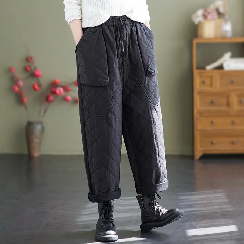 Women Winter Warm Down Cotton Pants Thick Warm Padded Quilted Trousers Elastic Waist Pantalones Casual Loose Straight Trousers