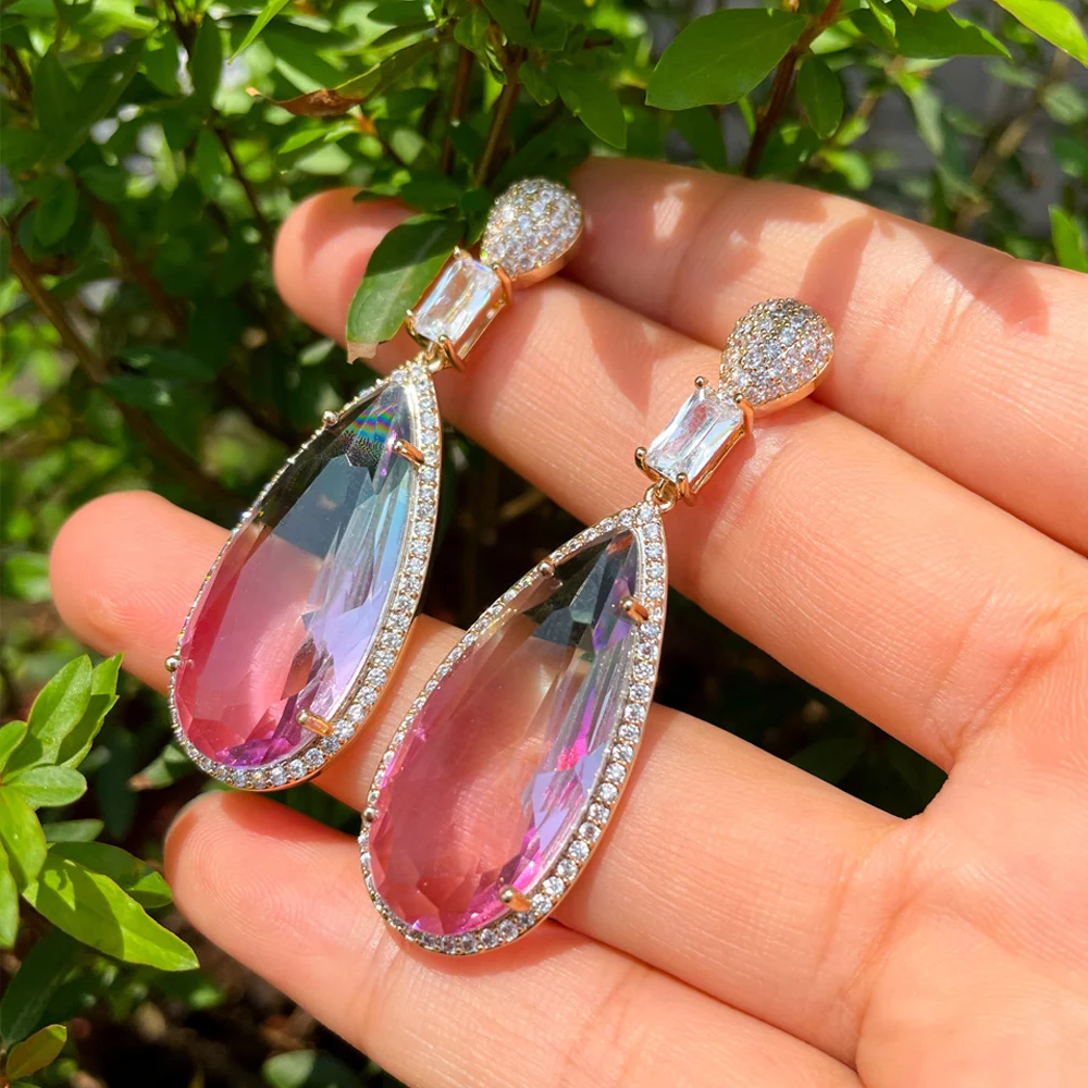 ThreeGraces Charming Colorful Cubic Zirconia Light Gold Color Long Dangle Drop Earrings for Women Luxury Party CZ Jewelry ER970