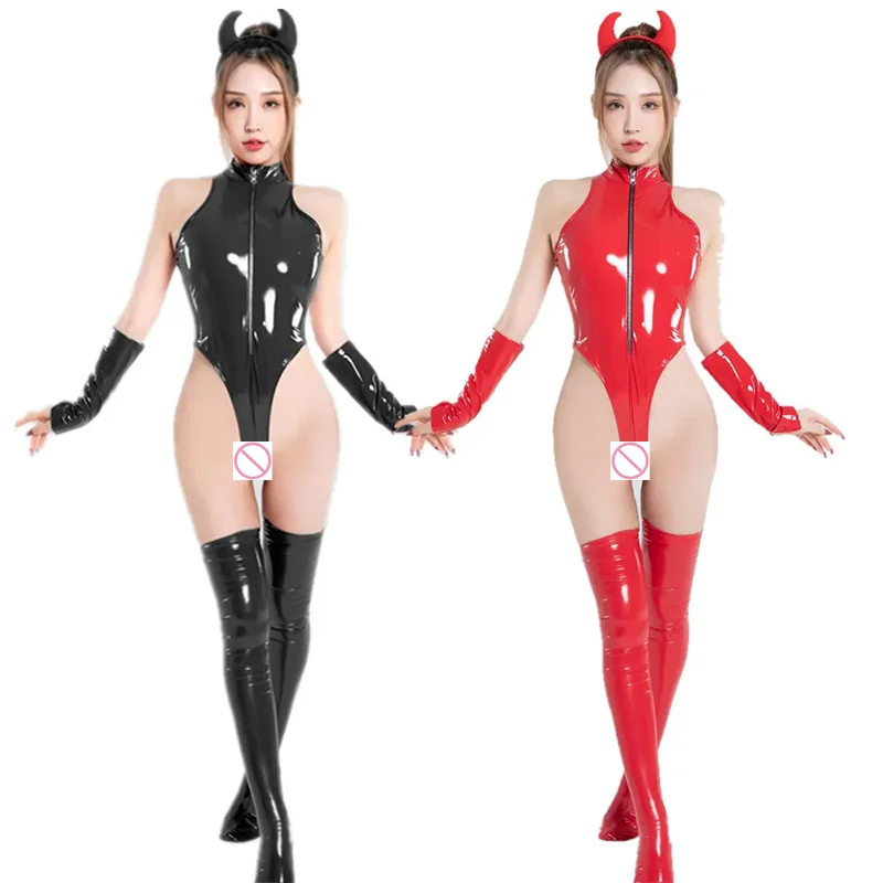 Bodysuit Sexy Women Shiny Nightclub Club Bar Faux Leather Lingerie Zipper Bodysuit