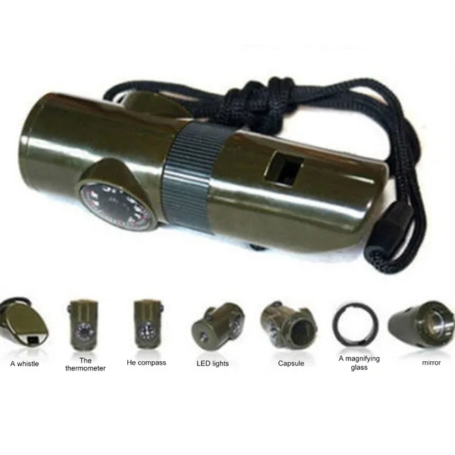 Fischietto 7 In 1 Da Sopravvivenza Con Bussola, Termometro, Torcia LED E Lente D'ingrandimento | 10x2,7 Cm
