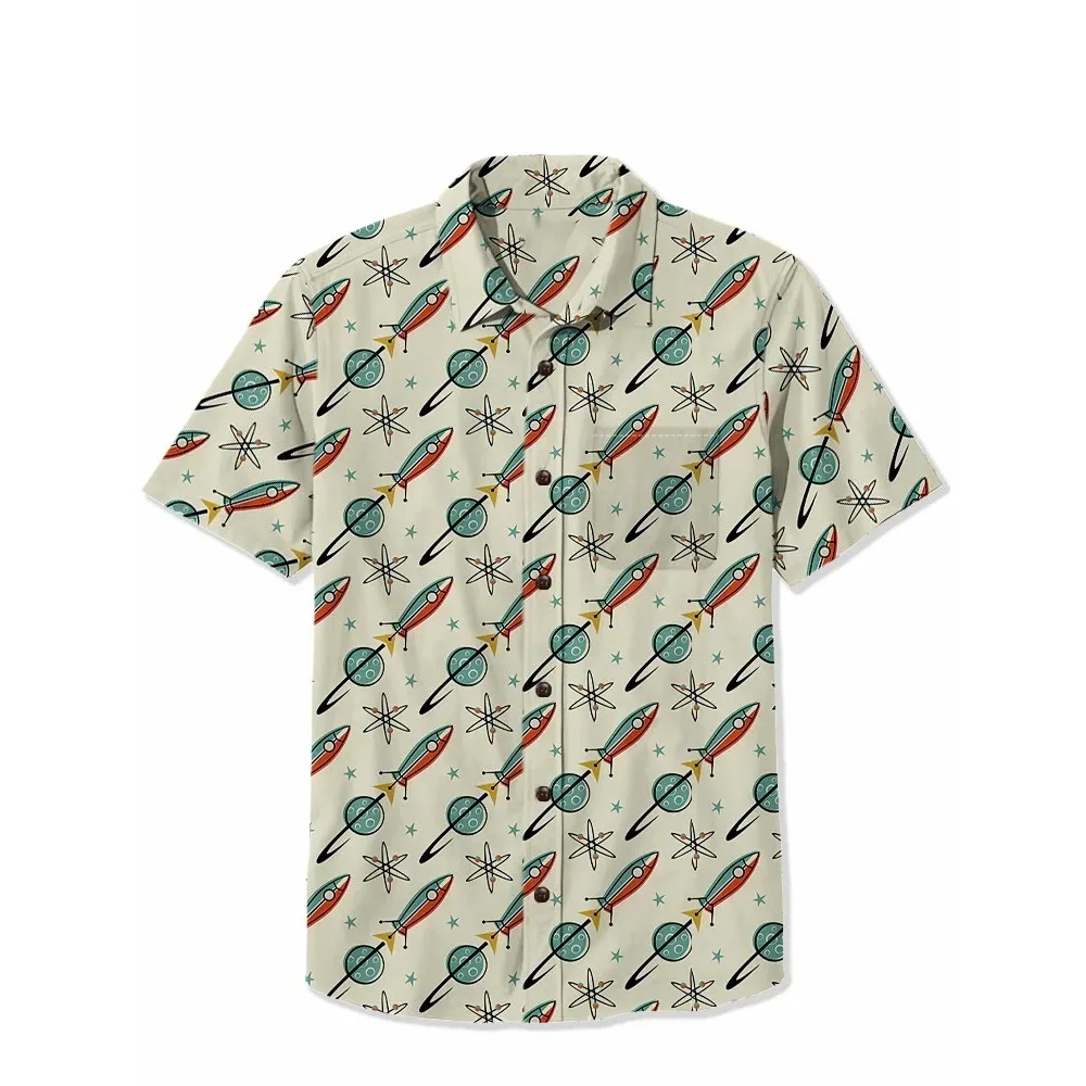 1950s Aomic Rocket Cotton Shirt Punk Men's Hawaiian Shirt Summer Short Sleeve Button Down Casual Tropical Pocket Tops