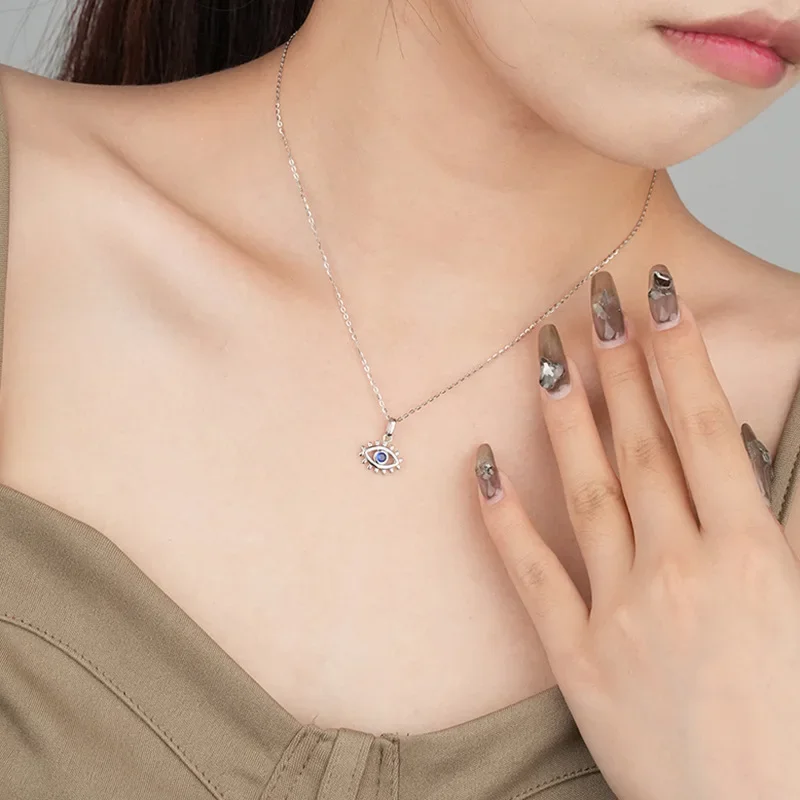 TrustDavis 925 Sterling Silver Vintage Eye Zircon Pendant Necklace for Women Handmade DIY Jewelry
