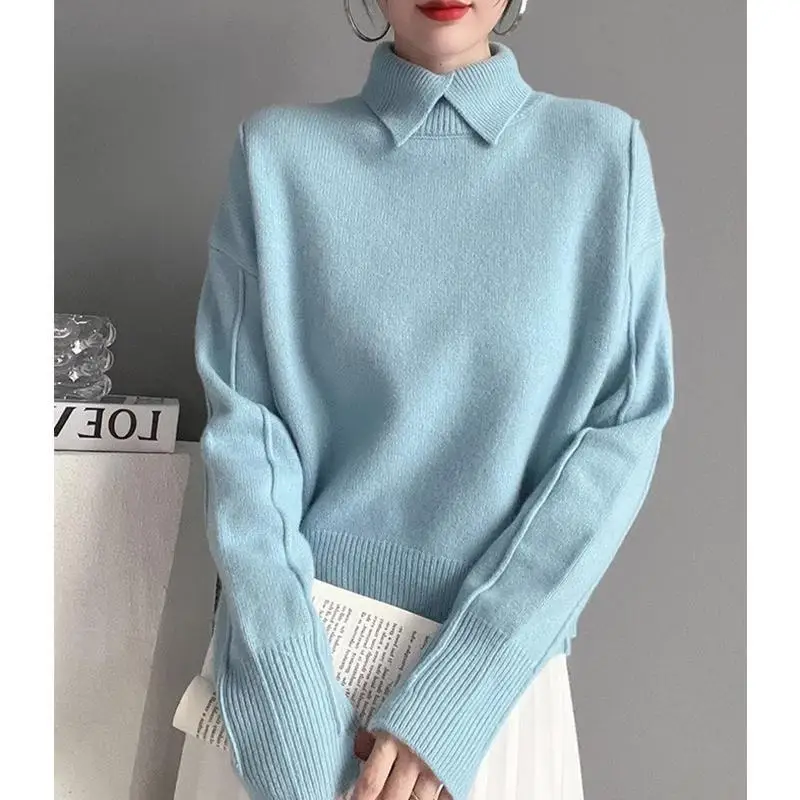 2025 Autumn Women Warm Shirt Turn-down Collar Solid Knit Pullover Winter Elegant All-match Long Sleeve Sweater Lady Elegant Tops 1