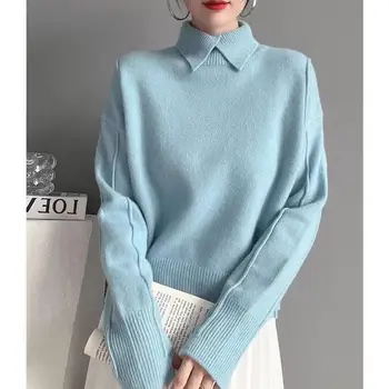2025 Autumn Women Warm Shirt Turn-down Collar Solid Knit Pullover Winter Elegant All-match Long Sleeve Sweater Lady Elegant Tops 1