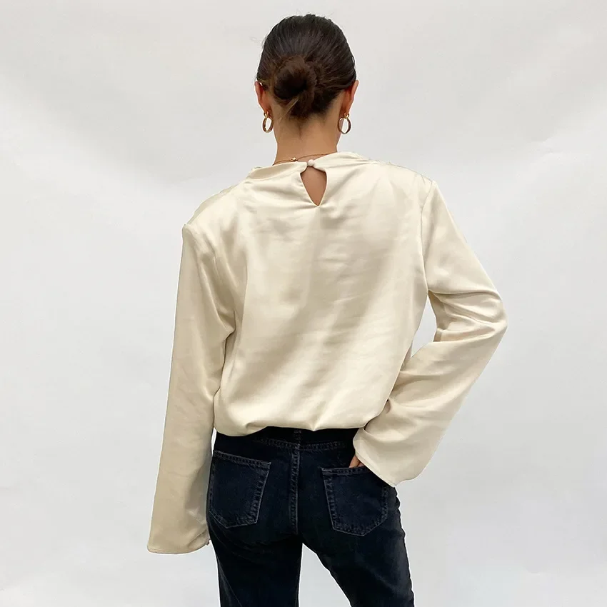 2021 Women Blouse Satin Tops O Neck Flare Sleeve with Shoulder Pads High Street Fashion Office Lady Shirt Clothes