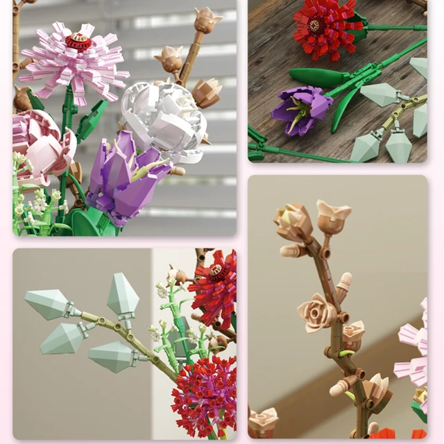 Technical Ideas Flowers Bouquet Building Blocks Moc Romantic Rose Flower Bricks Home Decoration DIY Toys for Girl Birthday Gift 5