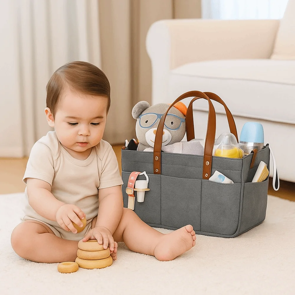 Simple Large Capacity Felt Diaper Storage Bag Portable with Handle Baby Felt Storage Basket Foldable Mummy Bag Car