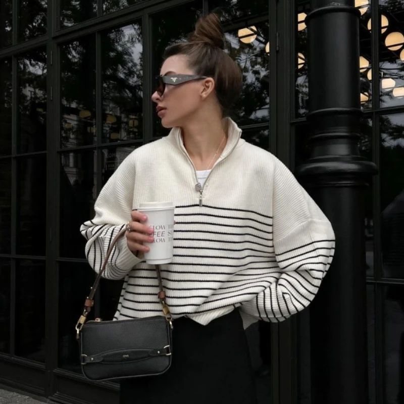 

Striped Knitted Sweater Pullover for Women Autumn Winter Loose-fit Casual Long Sleeve Tops Jumpers Female Fashion Knitwear 2023