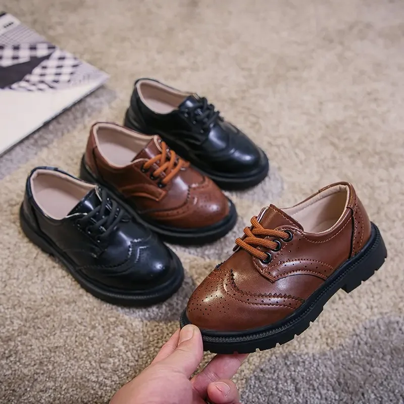 Boys Girls Fashion PU Leather Shoes Children New Style Oxfords Vintage Lace-up Kids Flats for School Party Formal Wedding Hot